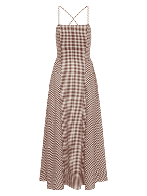 Callie Dress in Petite Mocha Gingham featuring a beautiful square neckline and open back design.