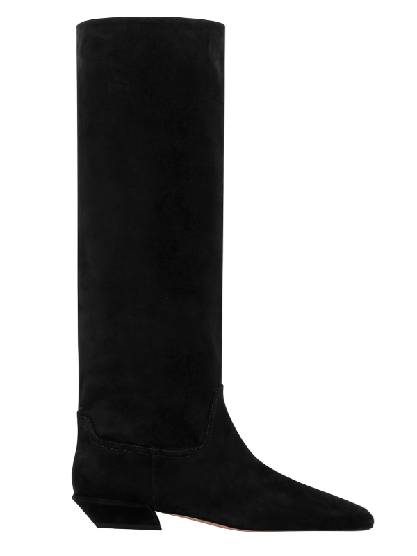 Bettina Boot in Black Suede by Paris Texas showcasing the chic square-toe design and chunky heel.