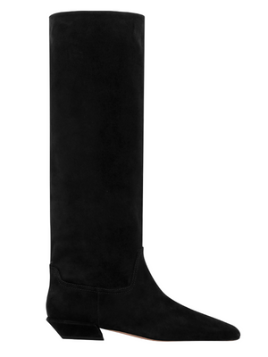 Bettina Boot in Black Suede by Paris Texas showcasing the chic square-toe design and chunky heel.
