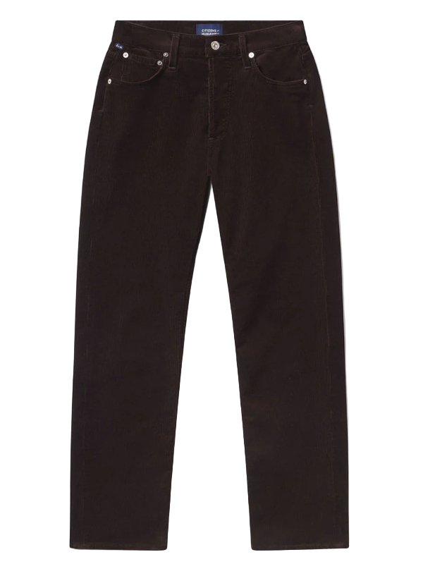 Blaine Vintage Straight Corduroy in Barrister, showcasing its high-rise vintage design and ankle-grazing inseam in a rich brown shade.
