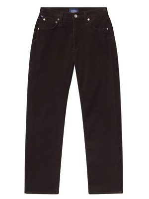 Blaine Vintage Straight Corduroy in Barrister, showcasing its high-rise vintage design and ankle-grazing inseam in a rich brown shade.