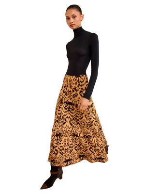 Lani Skirt in Bengal by Ulla Johnson featuring a vibrant animal-inspired motif in light gold and black.