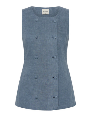 Thea Vest in Steel Blue by Posse showcasing its elegant double breasted design and high scoop neckline.