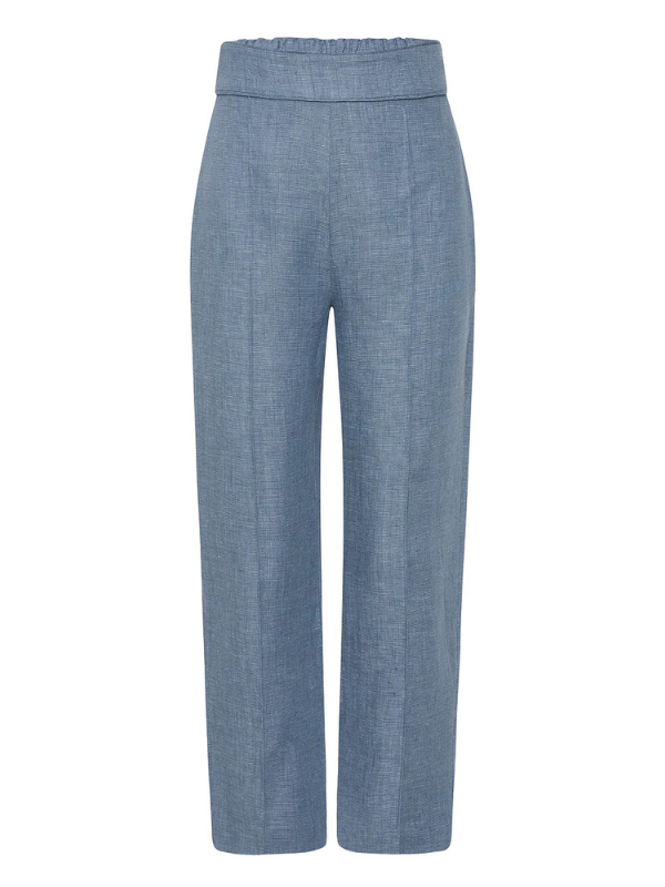 Thea Trousers in Steel Blue displayed on a model, showcasing the flattering high-rise waist and tailored straight leg style.