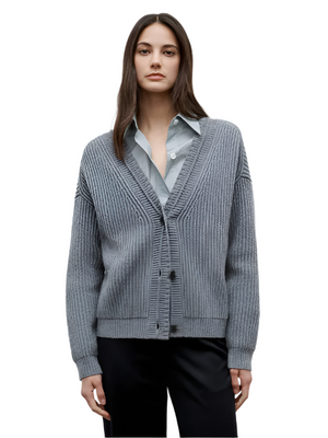Cardi in Medium Heather Grey showcasing the chunky ribbed texture and horn button placket.