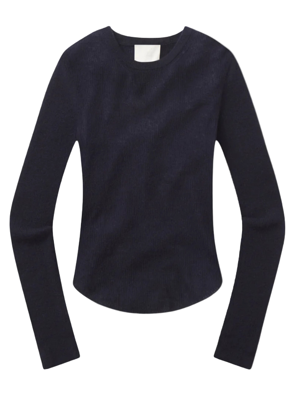 Alessia Crewneck Sweater in Navy displayed on a model, showcasing its luxurious wool and cashmere blend.