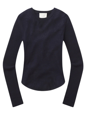 Alessia Crewneck Sweater in Navy displayed on a model, showcasing its luxurious wool and cashmere blend.