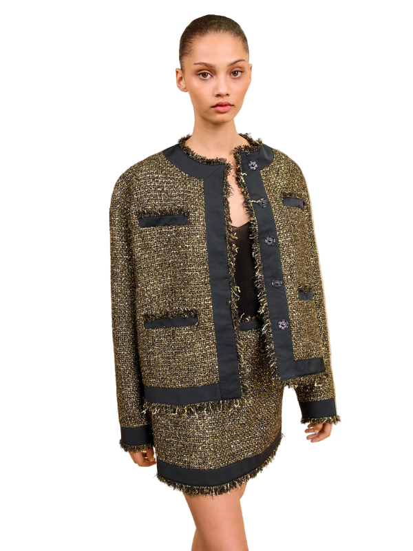 Front view of the Ulla Johnson Carmella Tweed Coat in Tapestry showcasing its elegant design and shimmering lurex fabric.