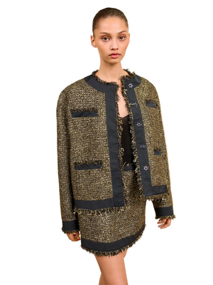 Front view of the Ulla Johnson Carmella Tweed Coat in Tapestry showcasing its elegant design and shimmering lurex fabric.