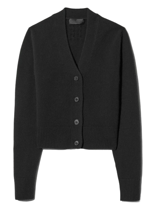 Charmaine Cashmere Cardigan in Black showcased on a mannequin, featuring a slim fit, medium length, and stylish horn button closure.