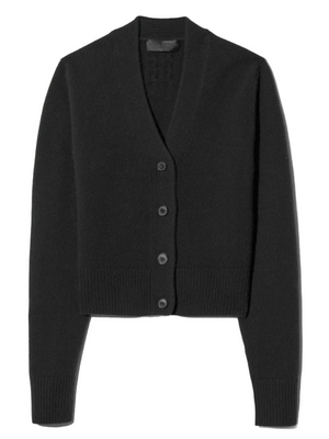 Charmaine Cashmere Cardigan in Black showcased on a mannequin, featuring a slim fit, medium length, and stylish horn button closure.