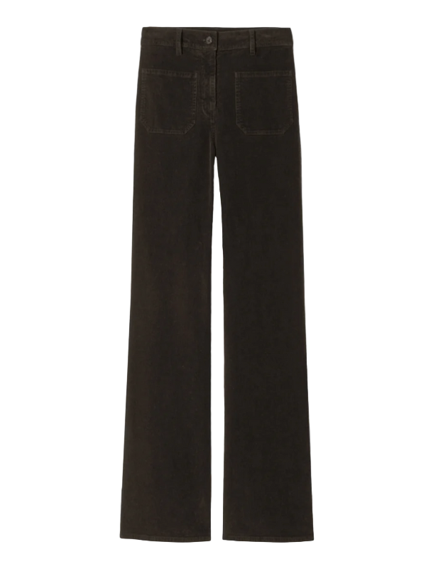 Florence Corduroy Pant in Chocolate Brown showcasing high-rise flare leg design with patch pockets.