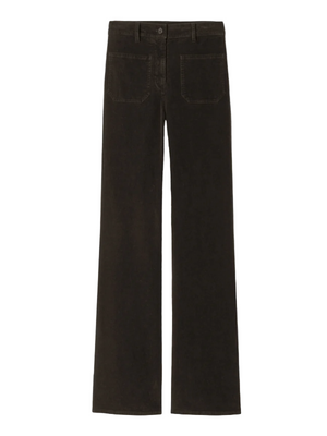 Florence Corduroy Pant in Chocolate Brown showcasing high-rise flare leg design with patch pockets.