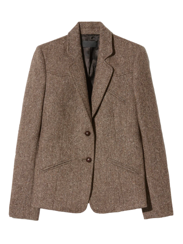 Lyon Jacket in Brown Donegal showcasing the tailored fit and slanted besom pockets.