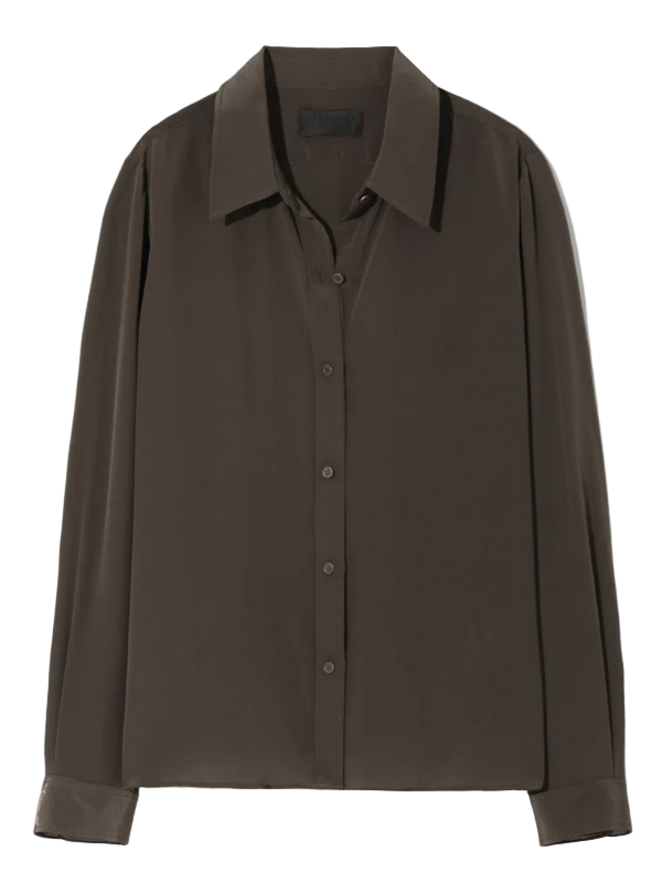 Simone Silk Shirt in Chocolate Brown by Nili Lotan, showcasing the sleek front view with pointed collar.