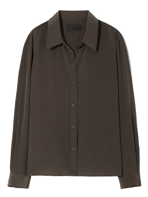 Simone Silk Shirt in Chocolate Brown by Nili Lotan, showcasing the sleek front view with pointed collar.