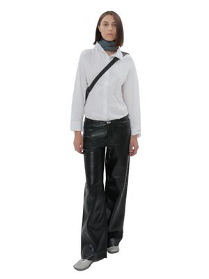 Cool Jean in Black Leather showcasing a relaxed leg and low-rise design with adjustable drawstring toggle.