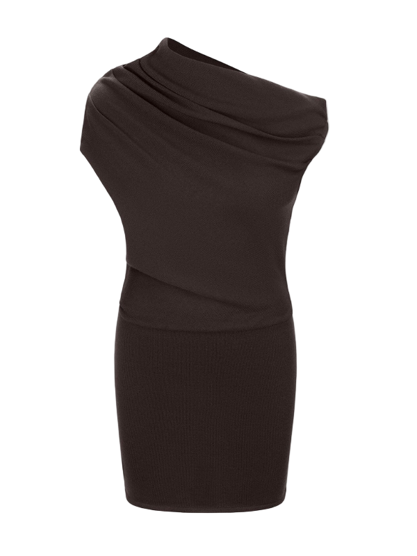 Mabel Mini Dress in Earth by Staud, showcasing soft merino wool fabric in an elegant asymmetrical design.