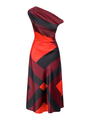 Staud Phare Silk Dress in Ruby Prism featuring an elegant draped off-the-shoulder neckline.