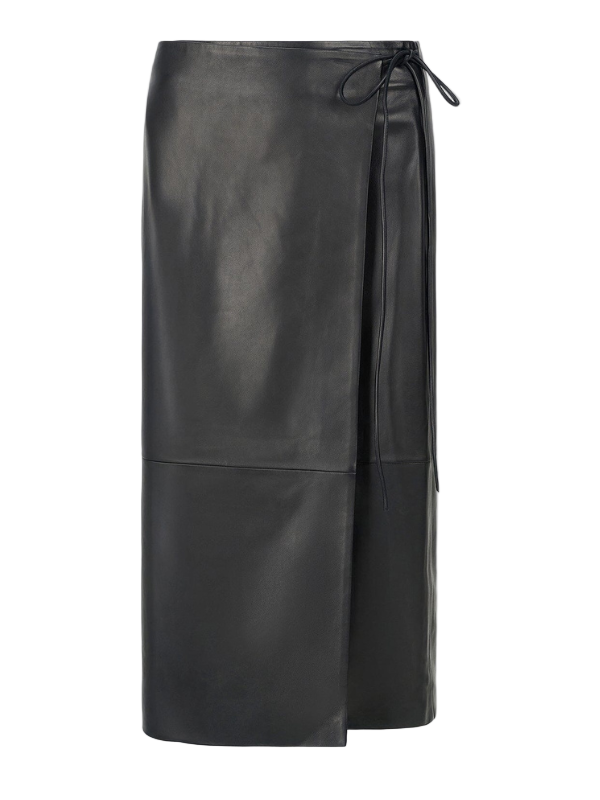Stylish Roman Leather Wrap Skirt in Black by Staud, showcasing its elegant side tie.