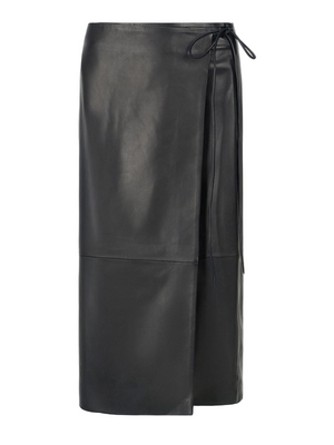 Stylish Roman Leather Wrap Skirt in Black by Staud, showcasing its elegant side tie.