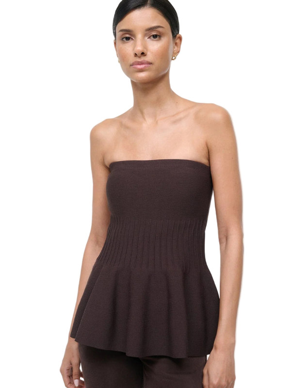 Staud Evie Top in Earth featuring a stylish knit design and peplum detail.