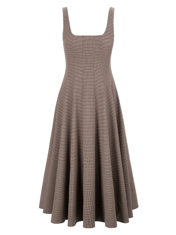 Staud Wells Dress in Houndstooth with square neckline and corset-inspired bodice detail