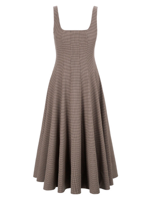 Staud Wells Dress in Houndstooth with square neckline and corset-inspired bodice detail