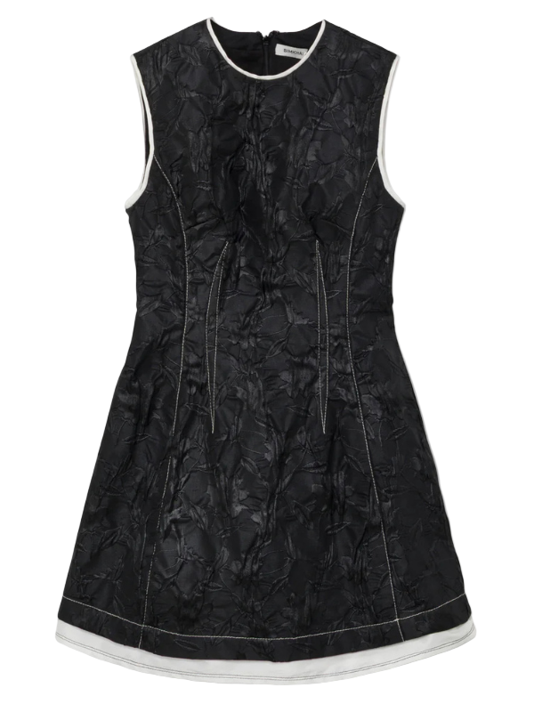 Stylish Audrina Jacquard Mini Dress in Black by Simkhai, featuring a structured fit and contrast trim.