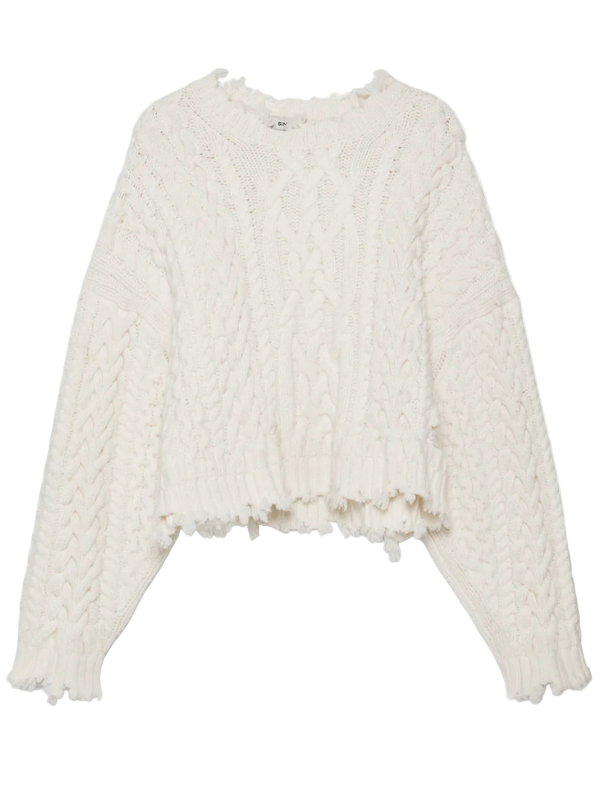 Close-up view of the Felix Knit Cropped Sweater in Ivory, showcasing its chunky cable knit texture.