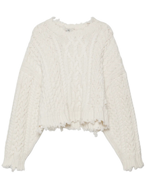 Close-up view of the Felix Knit Cropped Sweater in Ivory, showcasing its chunky cable knit texture.