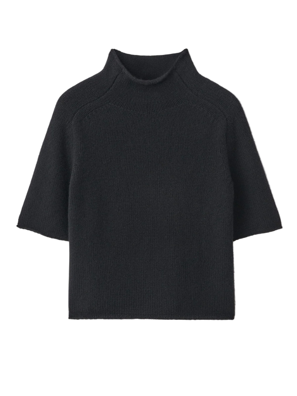 Fride Sweater in Black by Lisa Yang, showcasing the stylish cropped silhouette and standing mock neck.
