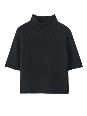 Fride Sweater in Black by Lisa Yang, showcasing the stylish cropped silhouette and standing mock neck.