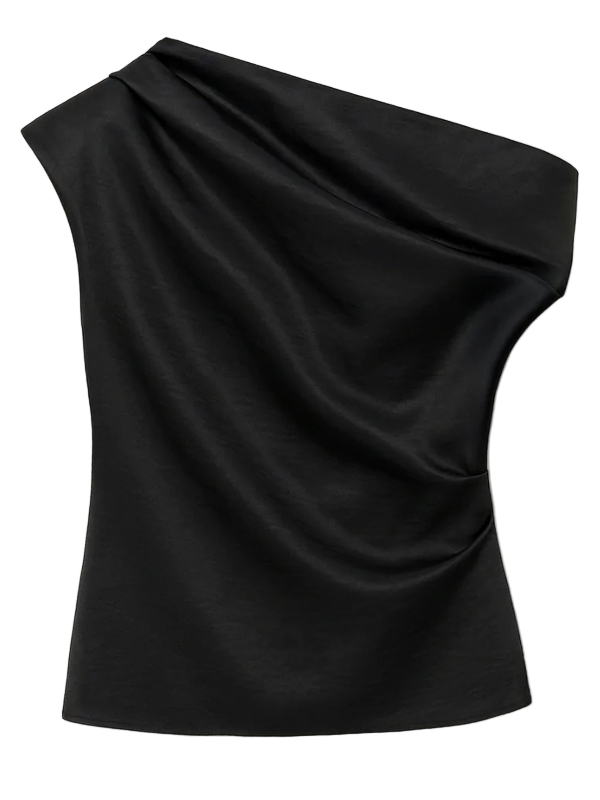 Vivia Taffeta Draped Top in Black by Simkhai, showcasing its off-shoulder design.