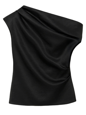 Vivia Taffeta Draped Top in Black by Simkhai, showcasing its off-shoulder design.