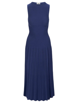 Elyse Dress in Navy by Staud, showcasing the elegant design with a flattering fit and crew neckline.