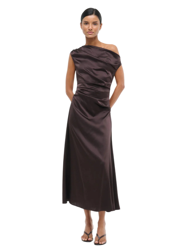 Staud Phare Dress in Earth showcasing a draped off-the-shoulder neckline and fitted waist for a chic look.