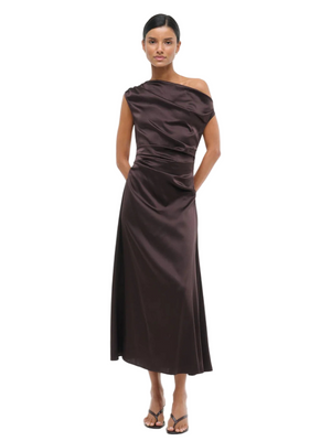 Staud Phare Dress in Earth showcasing a draped off-the-shoulder neckline and fitted waist for a chic look.