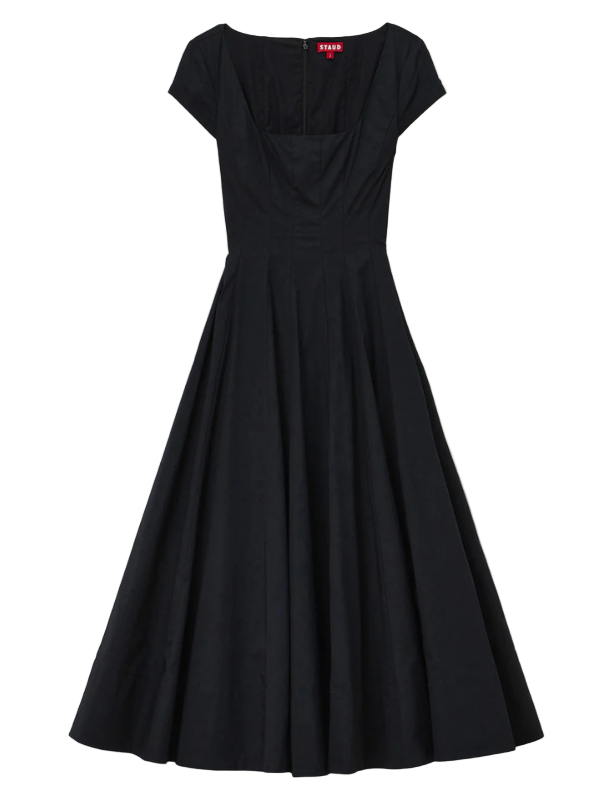 Short Sleeve Wells Dress in Black by Staud displayed on a hanger against a white background.