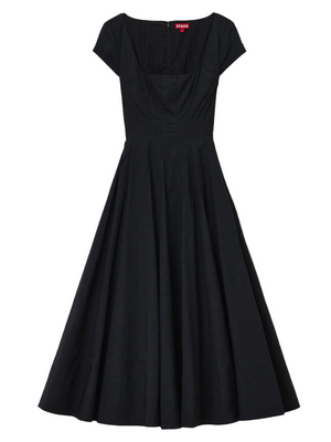 Short Sleeve Wells Dress in Black by Staud displayed on a hanger against a white background.