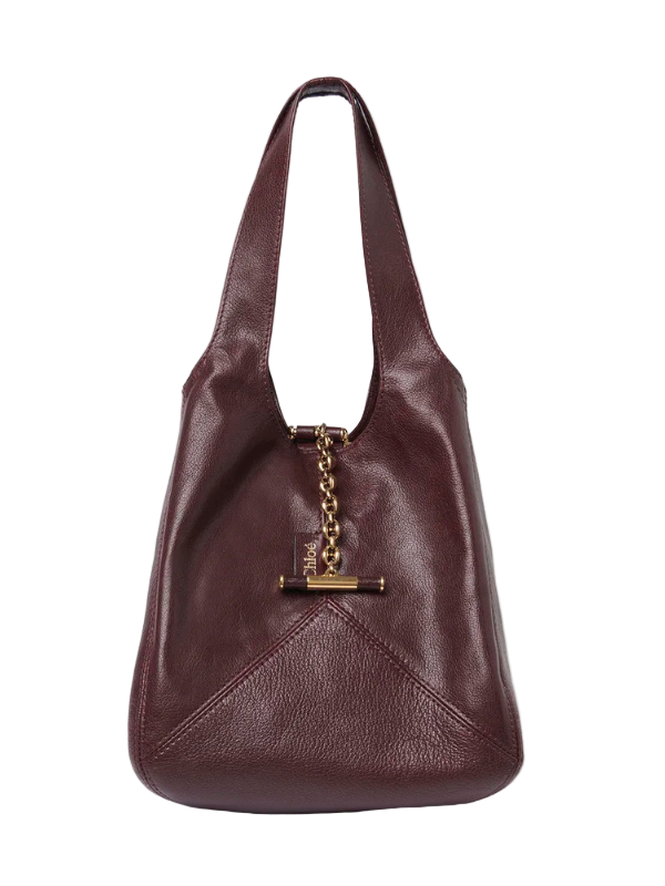 Small Chloé Balloon Bag in Grenat showcasing the unique patchwork of grained buffalo leather and shiny cowhide.