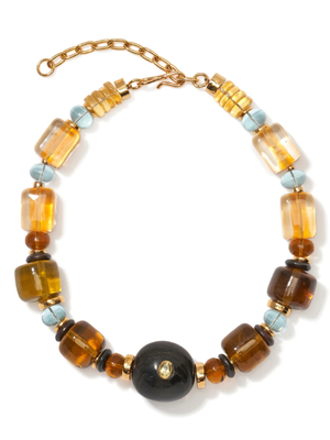 Desert Mirage Collar in Multi by Lizzie Fortunato featuring light topaz and olive glass beads, amber and quartz rondelles, and a green amethyst stone.