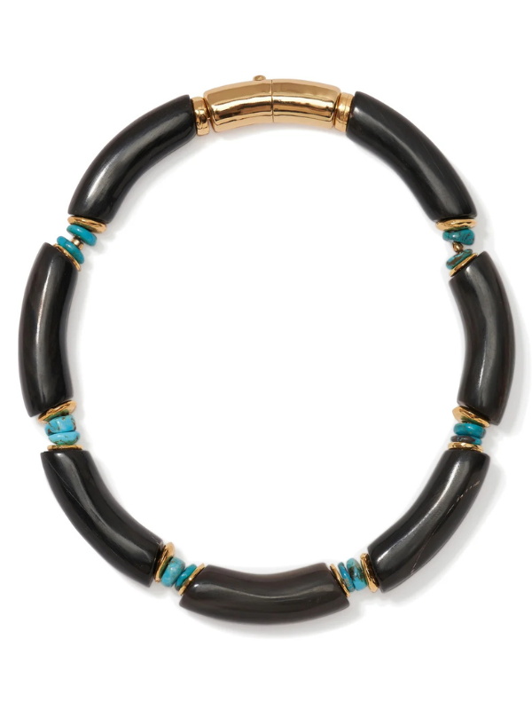 Lizzie Fortunato Cathedral Collar in Black showcasing black tubular horn beads with turquoise accents and a gold-plated brass closure.