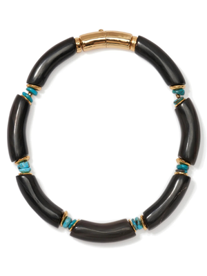 Lizzie Fortunato Cathedral Collar in Black showcasing black tubular horn beads with turquoise accents and a gold-plated brass closure.