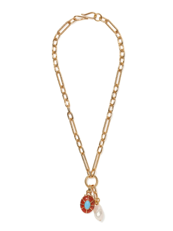 Neroli Charm Necklace in Multi featuring a gold-plated chain link design with a freshwater pearl pendant and orange agate stones.