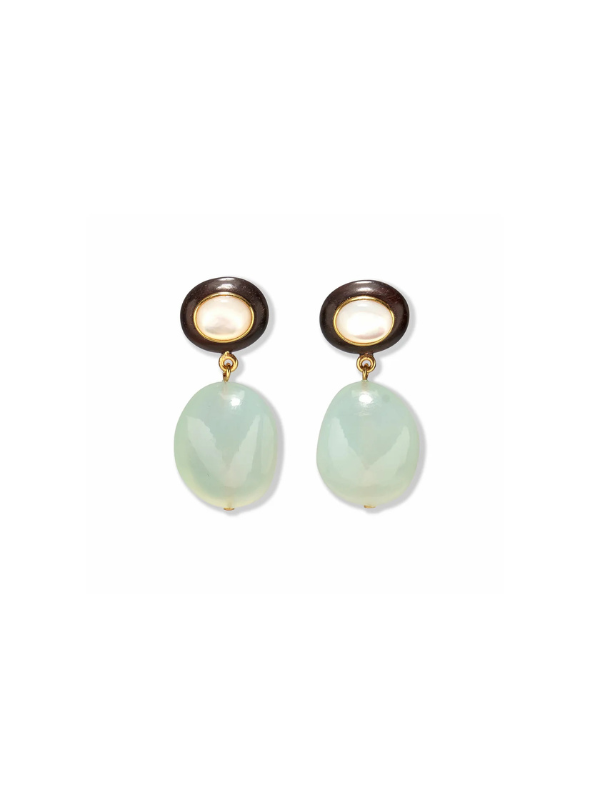 Laurel Earrings in Multi designed by Lizzie Fortunato, featuring gold-plated brass, wood, mother-of-pearl, and aqua chalcedony bead drops.