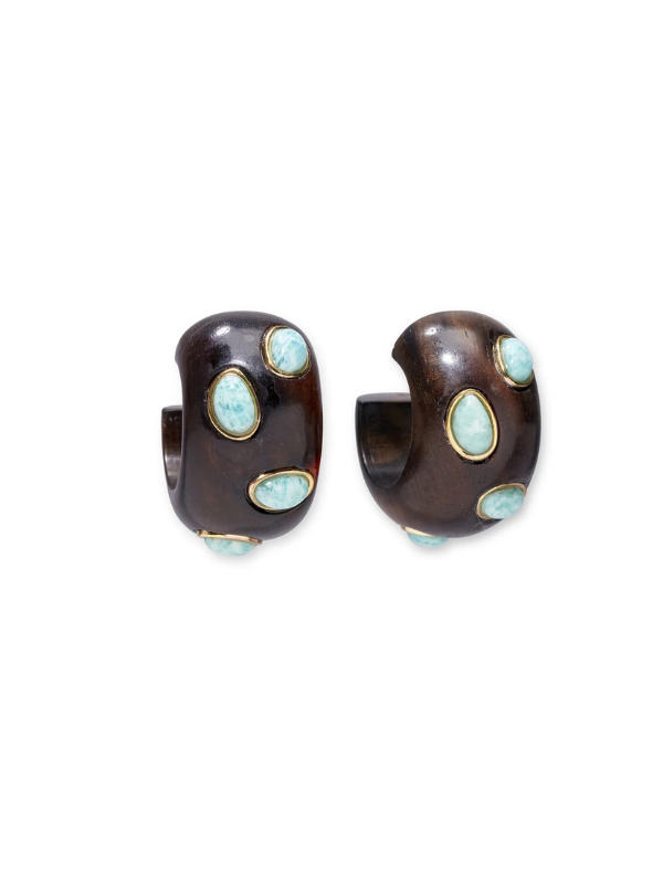 Acacia Earrings in Amazonite featuring smooth carved sandalwood and aqua amazonite stones by Lizzie Fortunato.