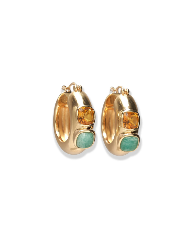 Piet Hoop Earrings in Bitter Orange featuring gold-plated brass with hessonite garnet stones and amazonite cabochons by Lizzie Fortunato.