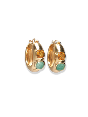 Piet Hoop Earrings in Bitter Orange featuring gold-plated brass with hessonite garnet stones and amazonite cabochons by Lizzie Fortunato.