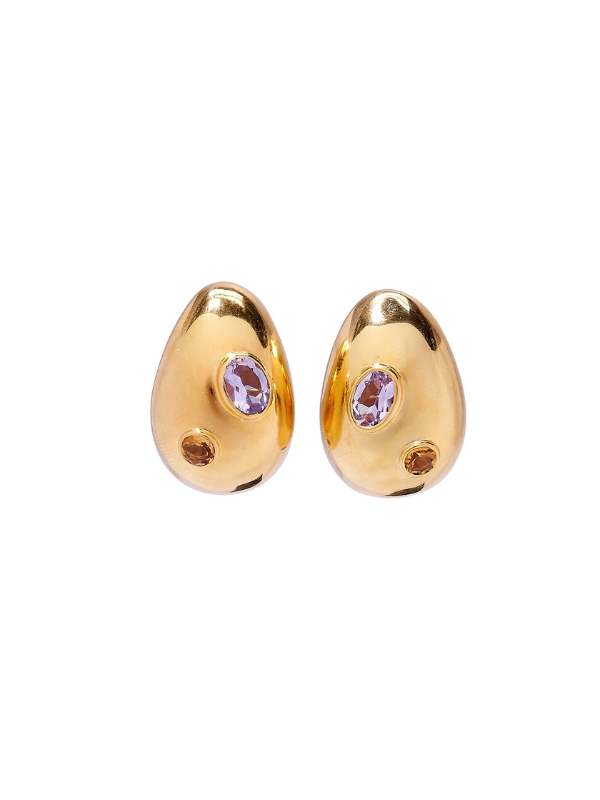 Mini Arp Earrings in Studded Gold featuring gold-plated brass, pink amethyst, and citrine stones.